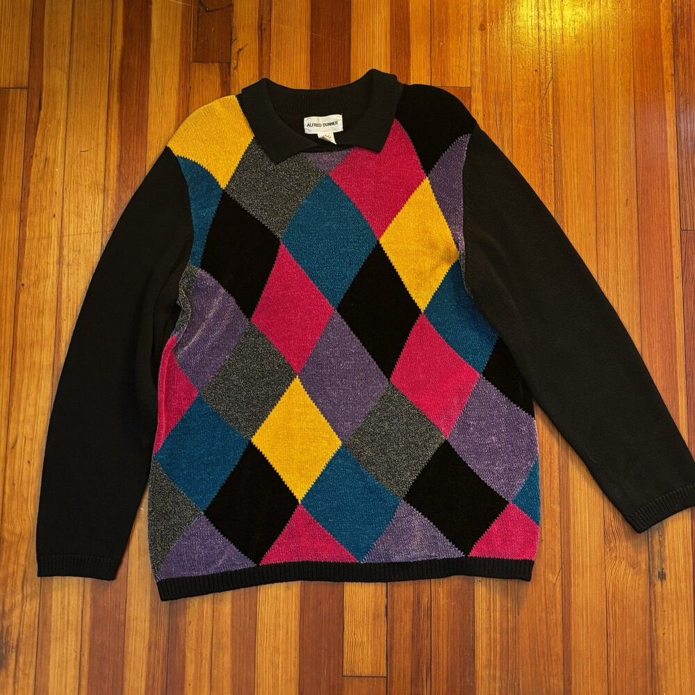 Vintage 80s 90s Alfred Dunner Colorful Argyle Cotton Blend Geometric Sweater M